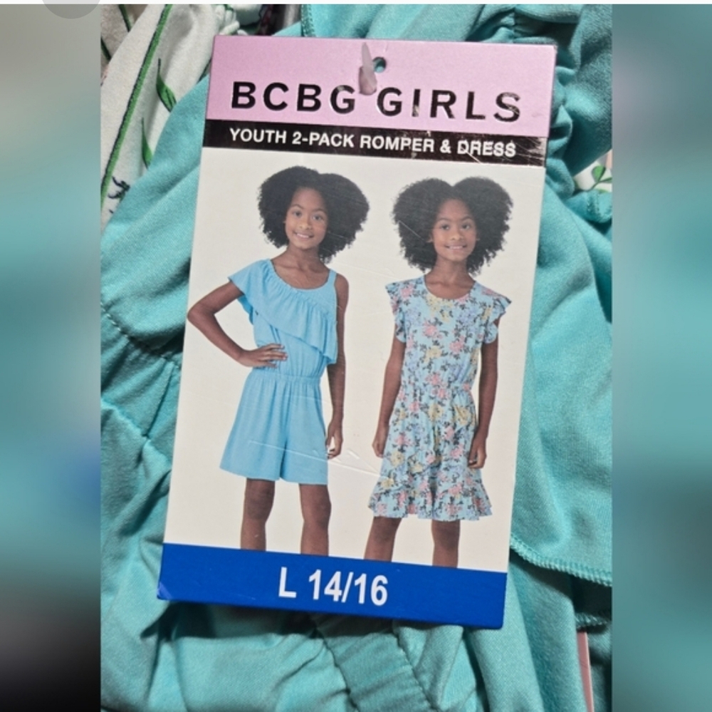 BCBG Girls Seafoam Green Floral Sleeveless Romper Dress 2 Piece Set Size L 14/16 - Picture 1 of 2
